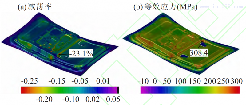 圖 6 刺破刀具結(jié)構優(yōu)化后零件減薄率與等效應力的云圖